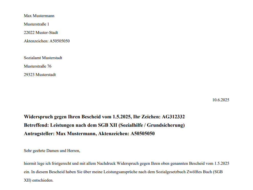 Beispiel eines Widerspruchsschreibens erstellt mit Sozial-Lotse